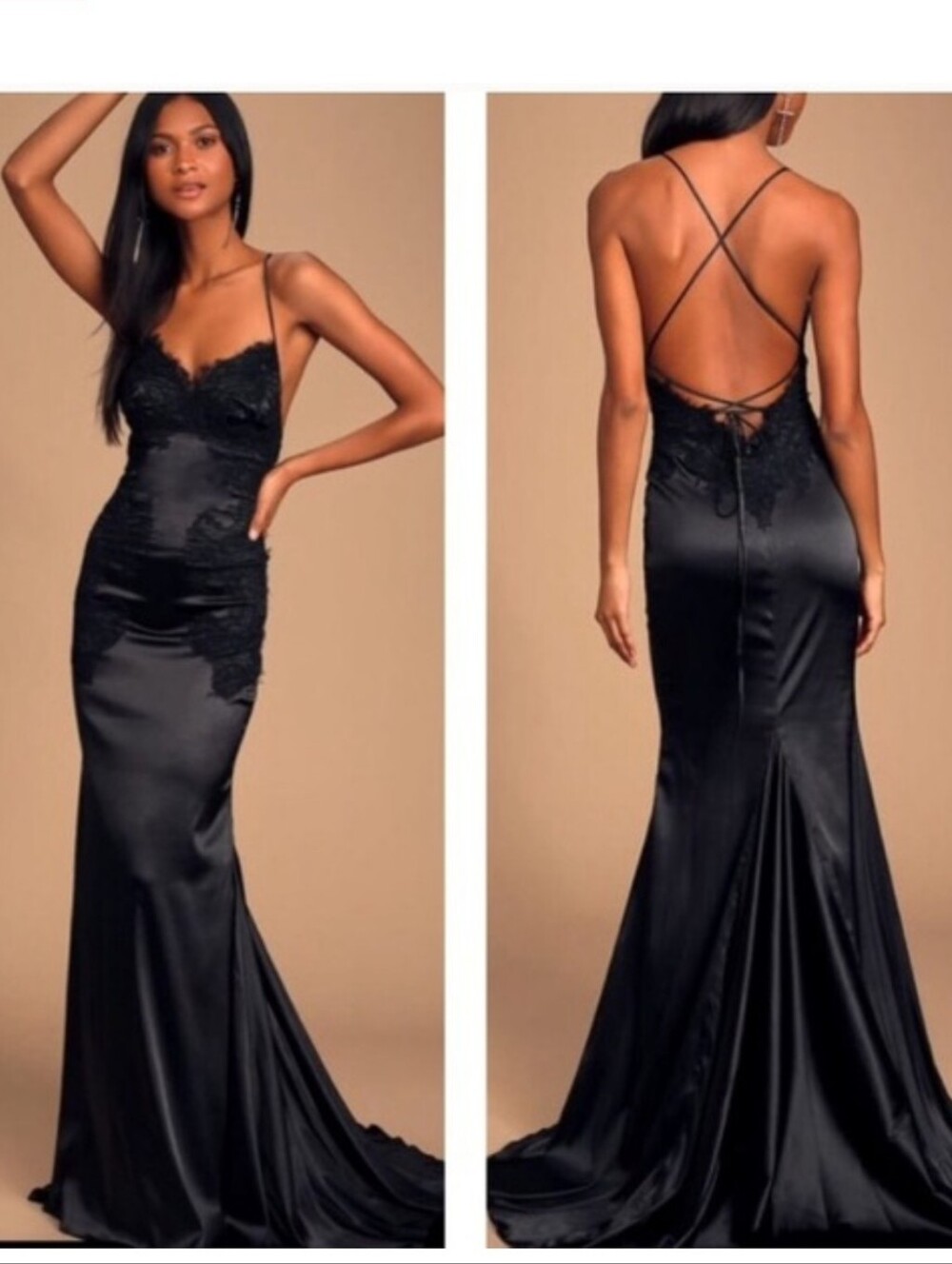 NWT Lulus Fantasy Come True
Black Lace Satin Open Back
Maxi Dress Size 10